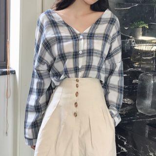 V-neck Plaid Shirt As Shown In Figure - One Size