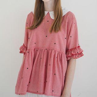 Short-sleeve Collared Dotted Top