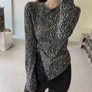 Long-sleeve Zebra Print T-shirt Zebra Print - Black & Gray - One Size
