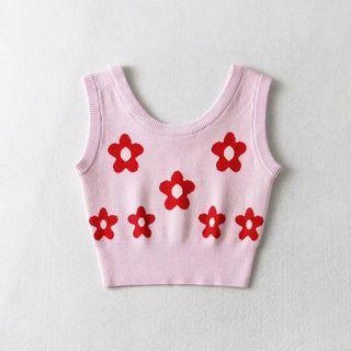 Sleeveless Floral Knit Top Pink - One Size