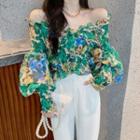 Lantern-sleeve Off-shoulder Floral Chiffon Blouse Green - One Size