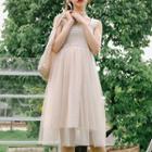 Sleeveless Sheer Panel A-line Dress Almond - One Size