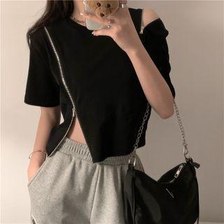 Elbow-sleeve Zip-up Cut-out T-shirt