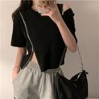 Elbow-sleeve Zip-up Cut-out T-shirt