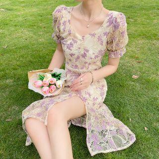 Puff-sleeve Floral Lace A-line Dress
