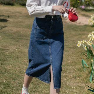Puff-sleeve Eyelet Lace Collar Blouse / Midi A-line Denim Skirt
