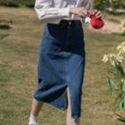 Puff-sleeve Eyelet Lace Collar Blouse / Midi A-line Denim Skirt