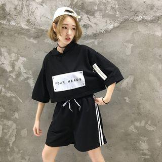 Set: Lettering Elbow Sleeve Cropped Hoodie + Striped Drawstring Shorts