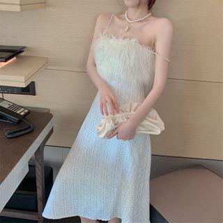 Faux Pearl Spaghetti Strap Fluffy Panel Midi A-line Dress