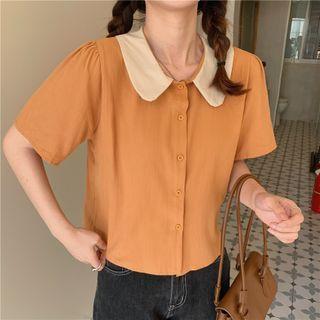 Short-sleeve Collar Color-block Blouse