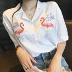 Flamingo Embroidered Elbow Sleeve Shirt