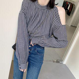 Cold-shoulder Plaid Blouse Black - M