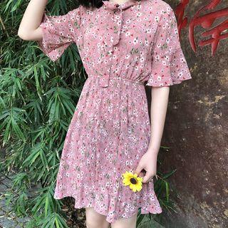 Elbow-sleeve Floral Print Pleated Chiffon Dress