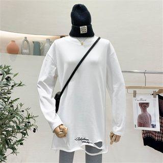 Long-sleeve Lettering Distressed T-shirt White - One Size