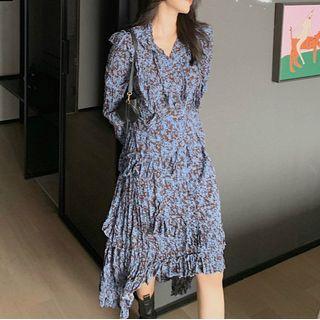 Floral Crinkled Long-sleeve Midi A-line Dress