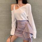 Cold-shoulder Long-sleeve Top / Mini A-line Plaid Skirt