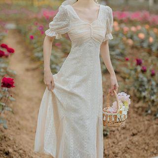 Short-sleeve Faux Pearl Mesh Panel Midi A-line Dress