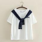 Sailor Collar Fish Embroidered Short Sleeve T-shirt