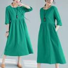 Ruched 3/4-sleeve Midi A-line Dress