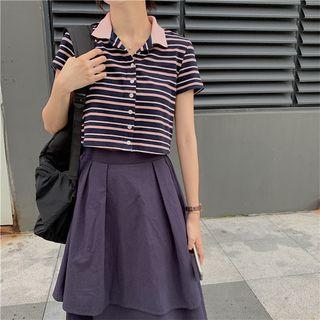 Striped Short-sleeve Cropped Top / High Waist Midi A-line Skirt