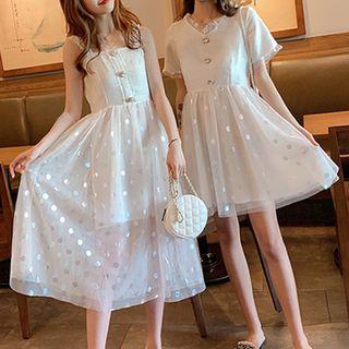 Sheer Panel Short-sleeve A-line Dress / Strappy Dress