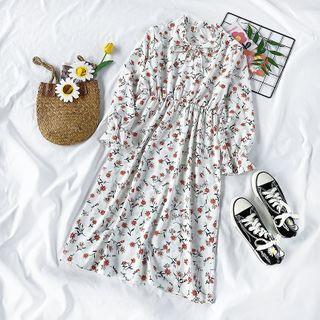 Floral Tie-waist Midi A-line Dress White - One Size