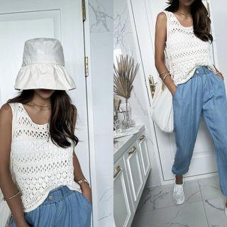 Sleeveless Pointelle-knit Top Ivory - One Size