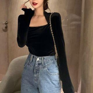 Plain Square-neck Velvet Long-sleeve T-shirt