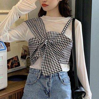 Long-sleeve Plain Tee / Asymmetric Strap Plaid Top