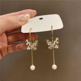Sterling Silver Faux Pearl Butterfly Drop Earring