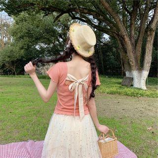 Short-sleeve Lettuce Edge T-shirt / Star Sequin Midi Mesh Skirt
