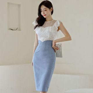 Set: Cap-sleeve Lace Top + Midi Skirt