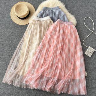 High-waist Plaid Mesh Accordion Pleat A-line Maxi Skirt