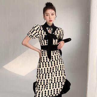 Puff-sleeve Tie-neck Dotted Sheath Dress