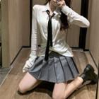 Tie-neck Long-sleeve Plain Cardigan / High-waist Pleated Skirt