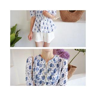 Tie-front Paisley Print Linen Top