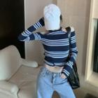 Long-sleeve Off-shoulder Striped Halter Cropped Top Blue - One Size