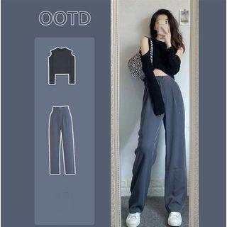 Long-sleeve Cold-shoulder Mock-neck Top / Wide-leg Pants