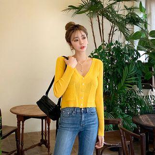 Dual-pocket Cropped Rib-knit Cardigan