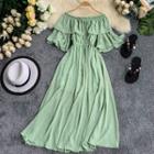 Elbow-sleeve Ruffled A-line Maxi Dress
