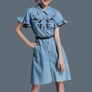 Flower Embroidered Short Sleeve Denim Shirt Dress