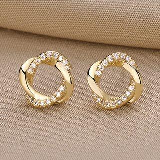 Rhinestone Circle Stud Earring 1 Pair - Qr75 - Gold - One Size