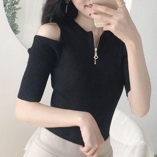 Short-sleeve Zip-front Knit Top