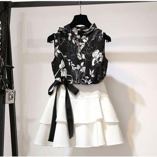 Set: Flower Print Tank Top + High Waist A-line Skirt