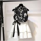 Set: Flower Print Tank Top + High Waist A-line Skirt