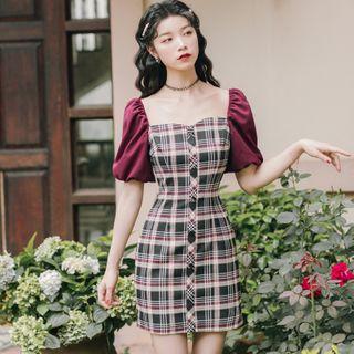 Puff-sleeve Panel Plaid Mini A-line Dress