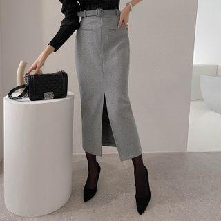 Slit-front Long H-line Skirt With Belt