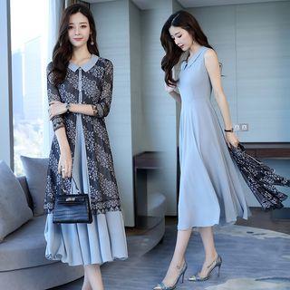 Set: Elbow-sleeve Jacket + Sleeveless Midi A-line Dress