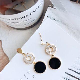 Rhinestone Glaze Disc Dangle Earring 1 Pair - 925 Silver - Black & White - One Size