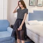 Set: Striped Short-sleeve T-shirt Dress + Sheer A-line Skirt